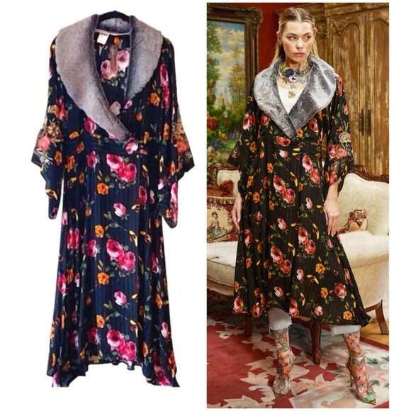 NWT New Aratta Charlene Kimono Dress M Black Floral Sequin MSRP $222